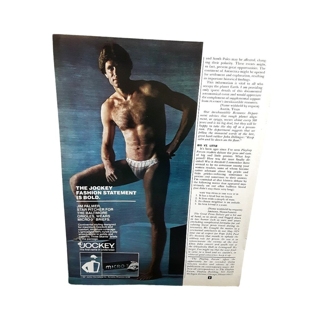 1981 Jim Palmer Jockey Briefs Shirtless Hairy Chest Original Vintage print ad 80